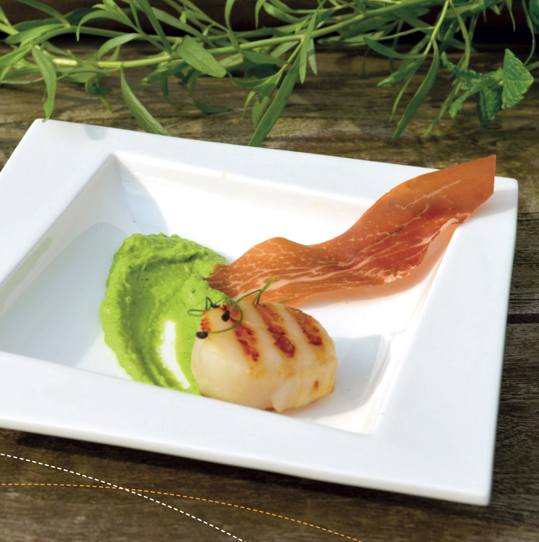 Voorgerecht met coquille met crème van erwt & een krokantje van parmaham