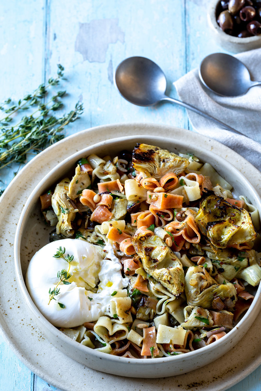 Pasta met artisjok, citroen en burrata (2p)